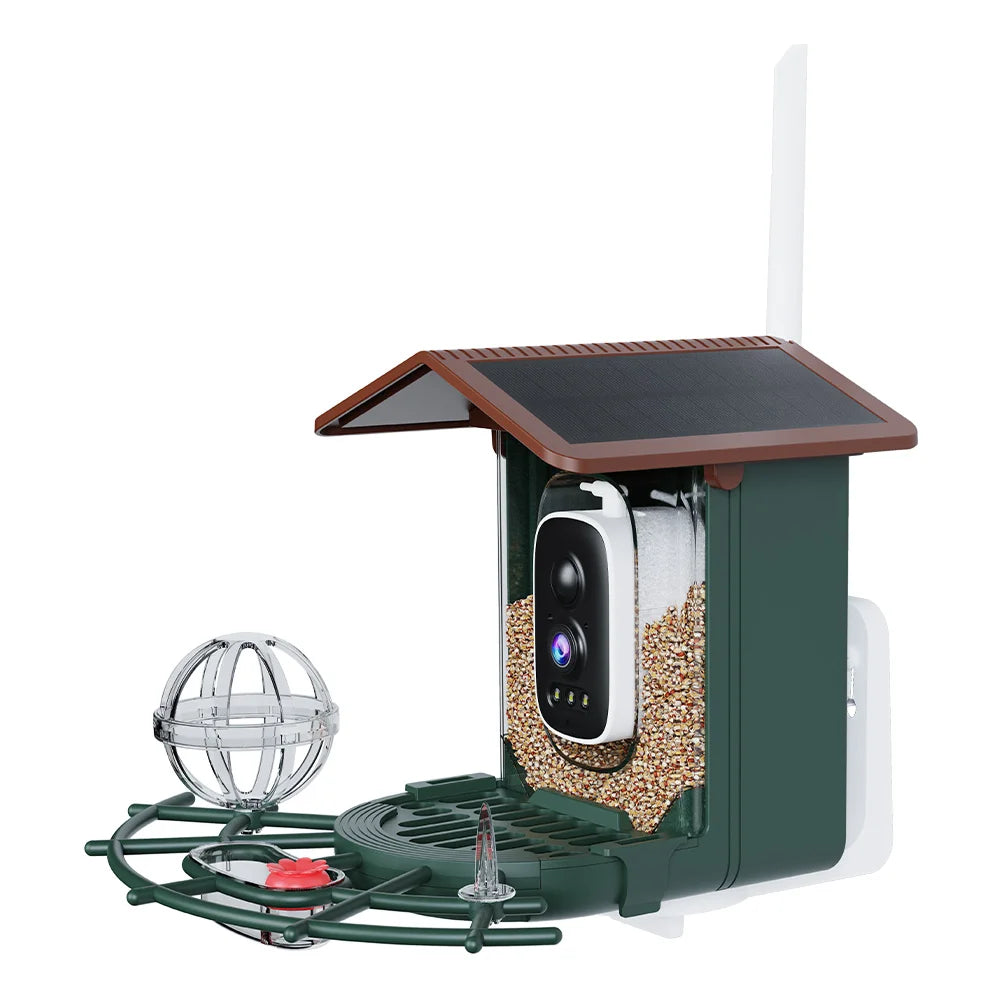 Bird feeder with camera and solar panel on a white background