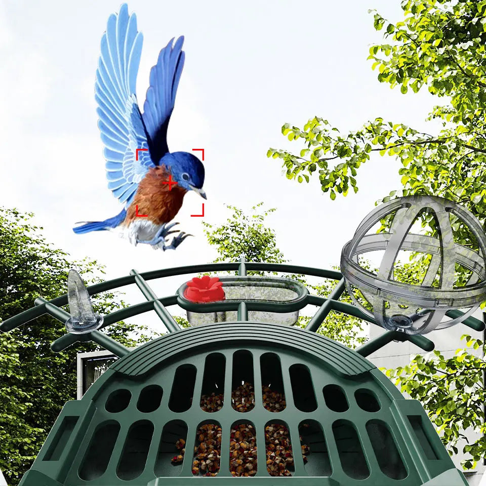 Bird feeder with a bird perched on top, surrounded by trees