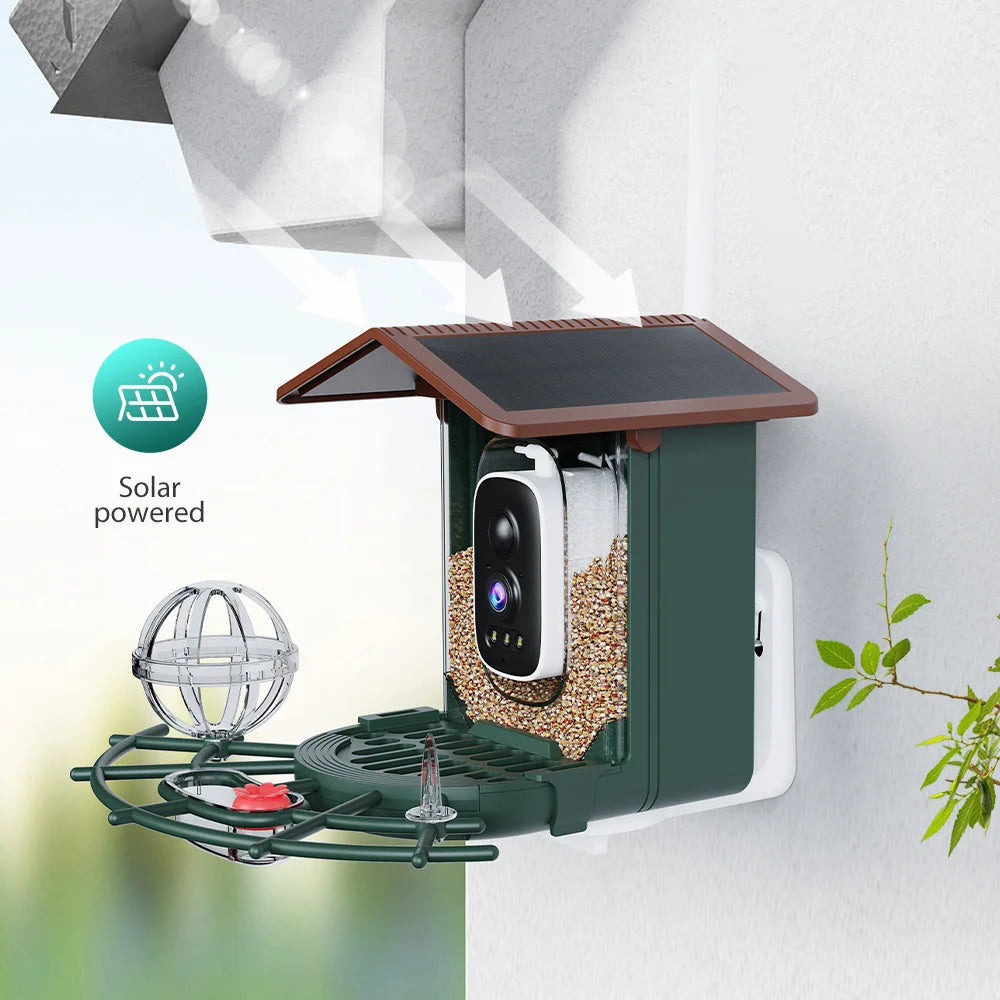 Solar-powered bird feeder with camera and seed tray on a white background