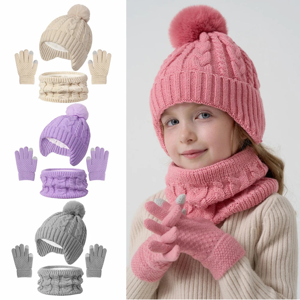 Kids knitted hat scarf and gloves set with fleece lining