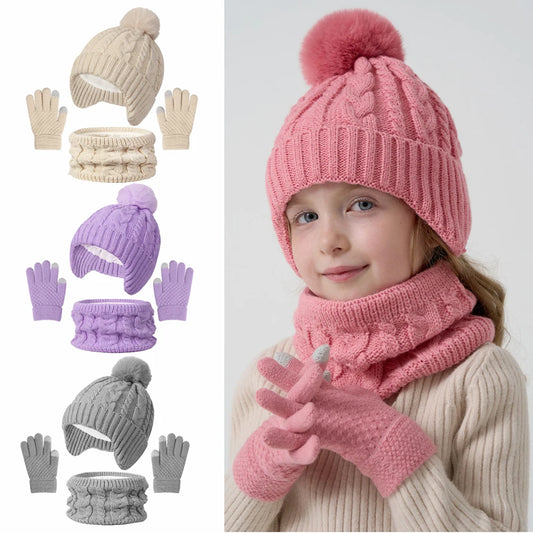 Kids knitted hat scarf and gloves set with fleece lining