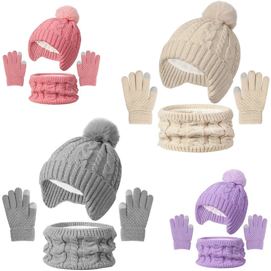 Set of winter accessories including hats, scarves, and gloves in pink, beige, gray, and purple on a white background.