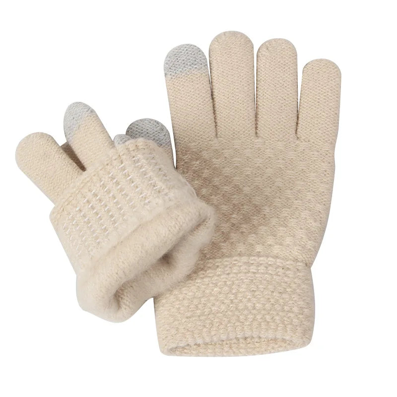 Pair of beige gloves with touchscreen tips on a white background