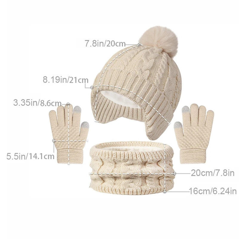 Beige knit hat, scarf, and gloves set with measurements on a white background