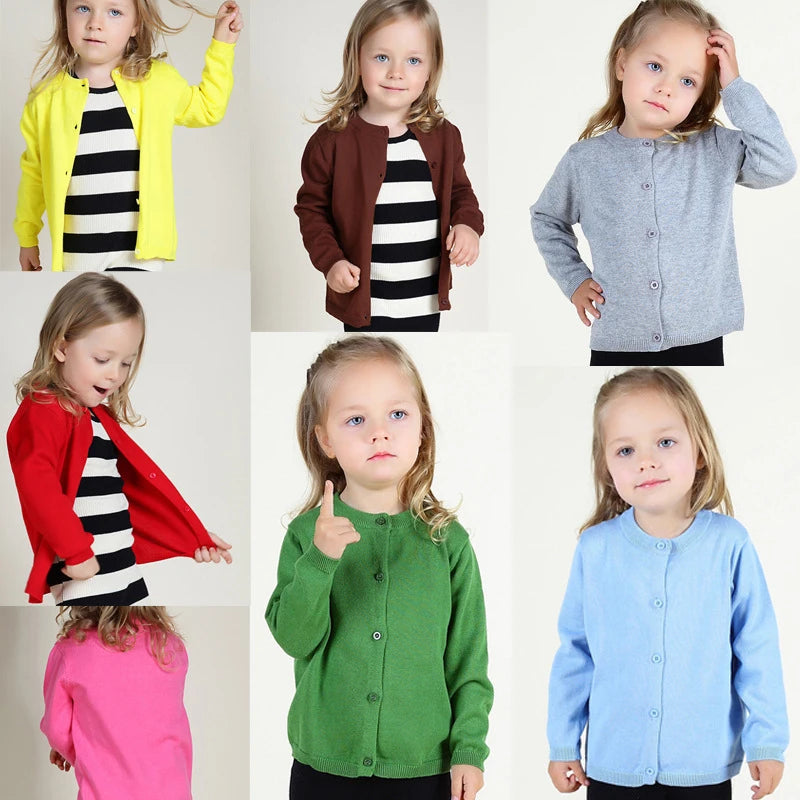 Collage of a young girl wearing different colored cardigans on a white background