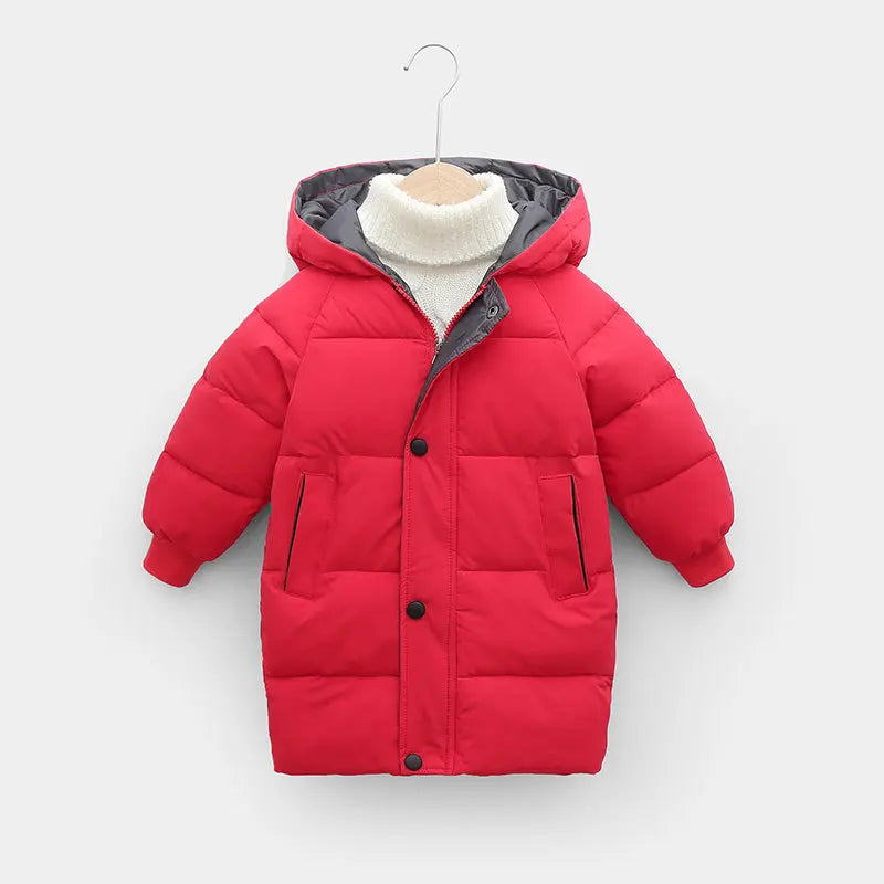 Red children's puffer jacket with gray hood on a white background