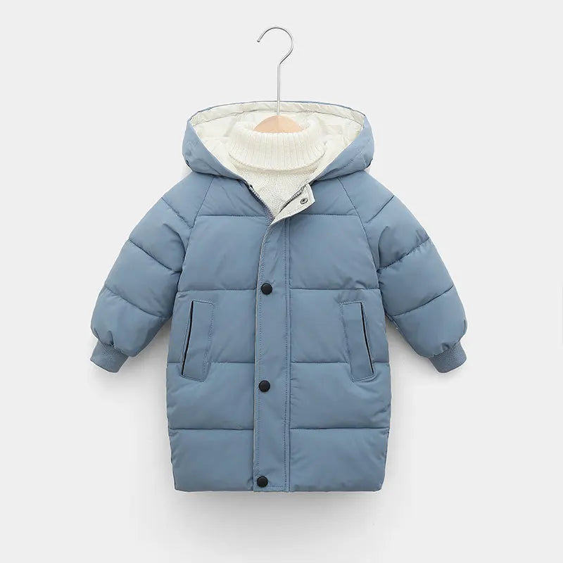 Blue children's puffer jacket on a hanger against a white background