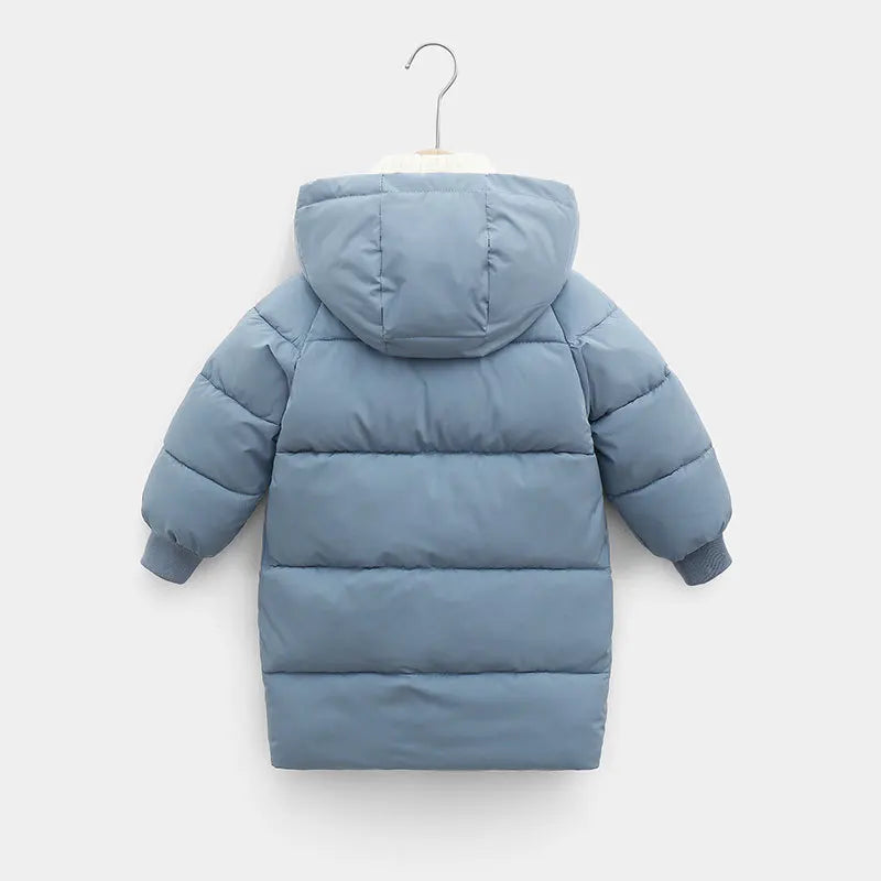 Blue children's puffer jacket on a hanger against a white background