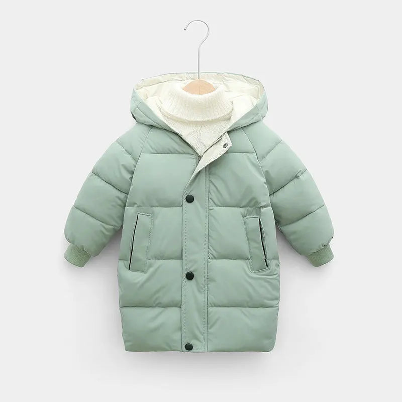 Light green children's puffer jacket on a white background
