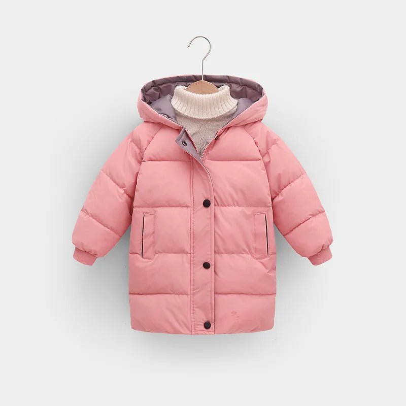 Pink children's puffer jacket on a hanger against a light gray background