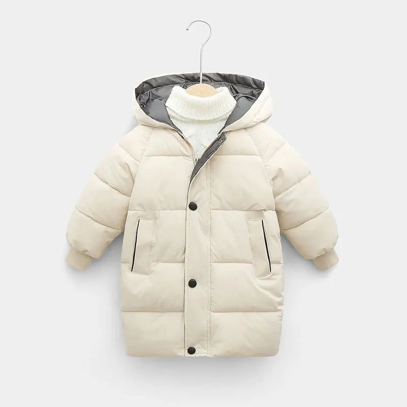 Beige puffer jacket with gray hood on a white background