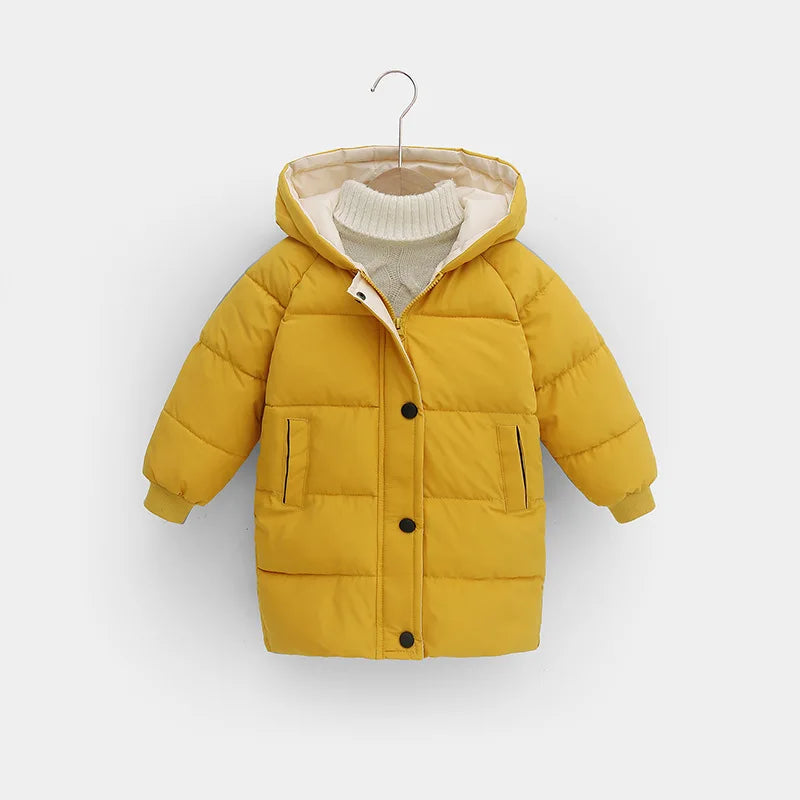 Yellow children's puffer jacket on a hanger against a white background