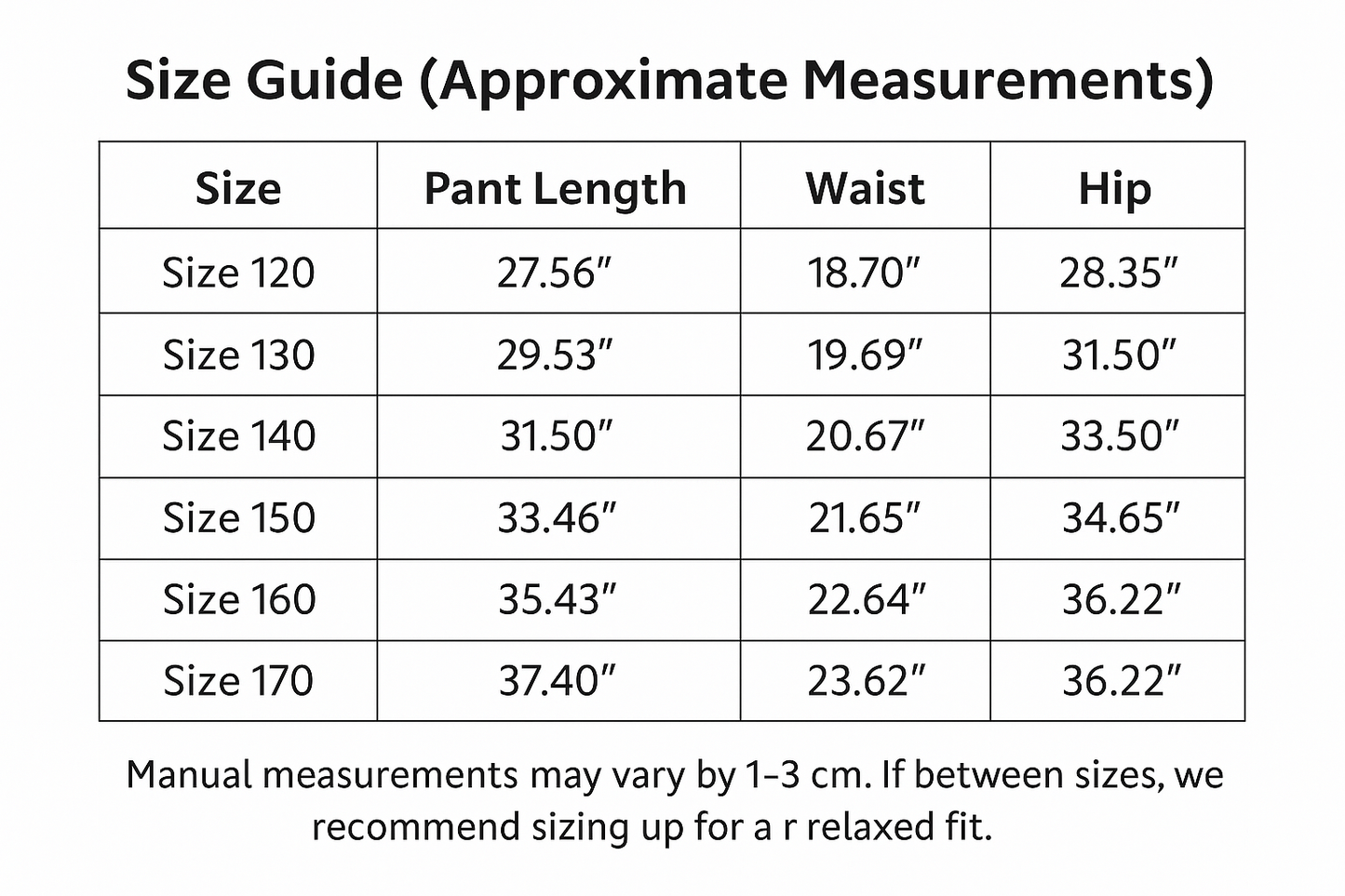 Size guide chart for pants with approximate measurements in inches.