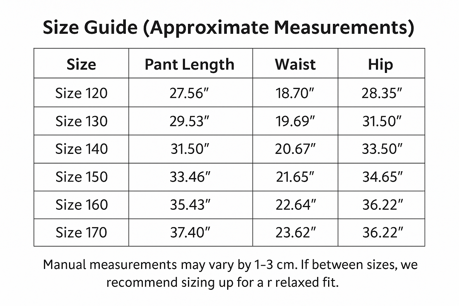 Size guide chart for pants with approximate measurements in inches.