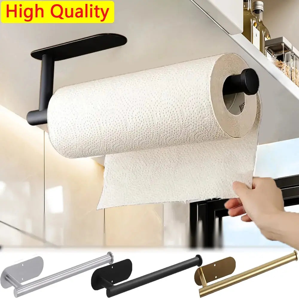 Roll of paper towels hanging from a black paper towel holder with additional holders shown below.