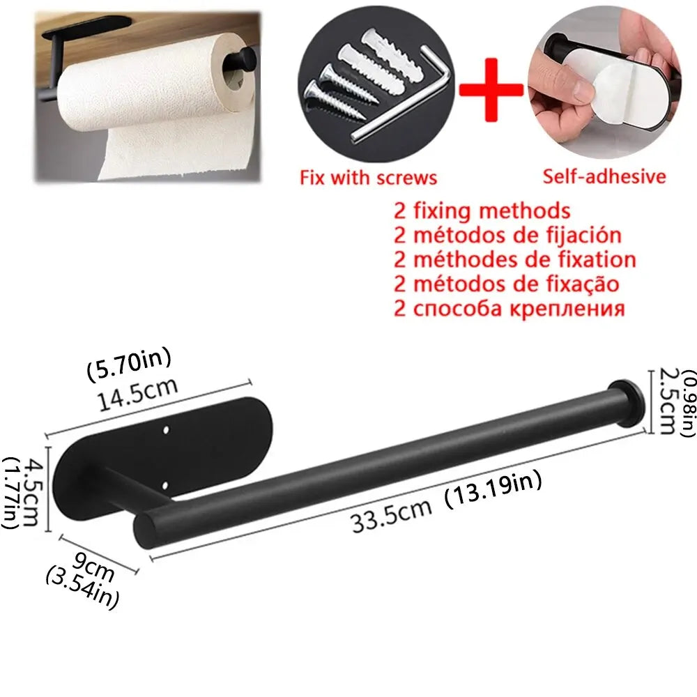 Black paper towel holder with fixing methods and dimensions on a white background