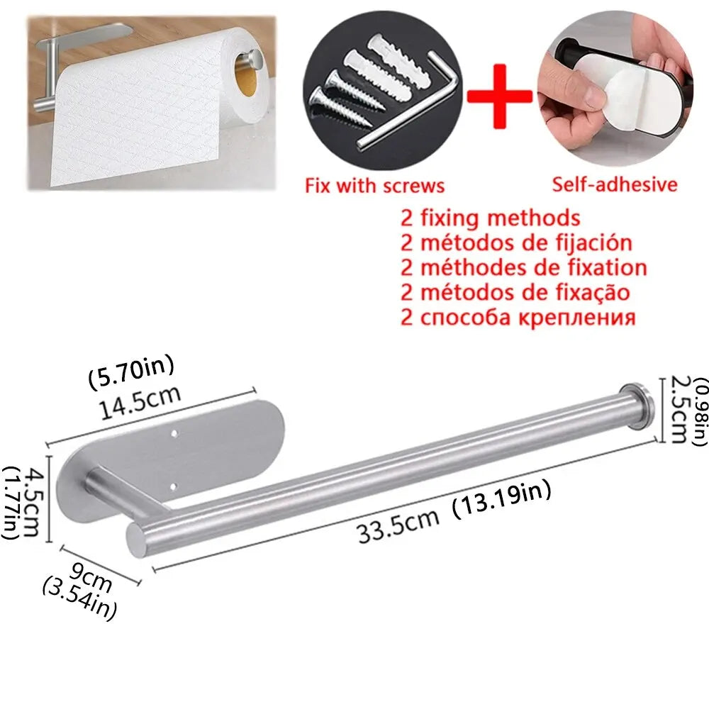 Towel holder with fixing methods and dimensions on a white background