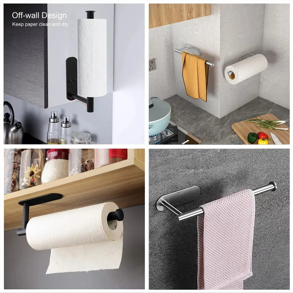 Collage of paper towel holders in various settings including a kitchen and bathroom.