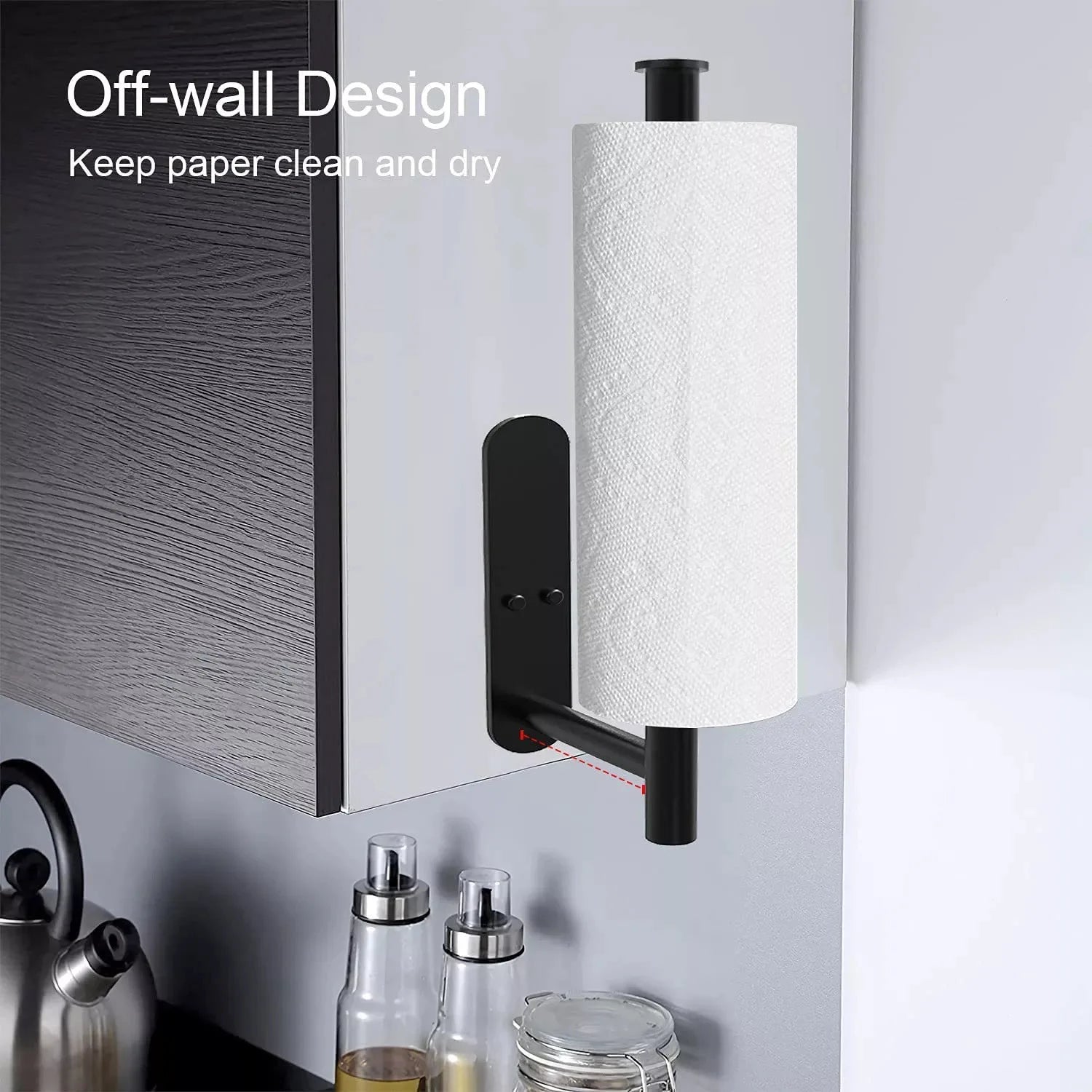 Wall-mounted paper towel holder with text 'Off-wall Design' and 'Keep paper clean and dry' on a kitchen wall.