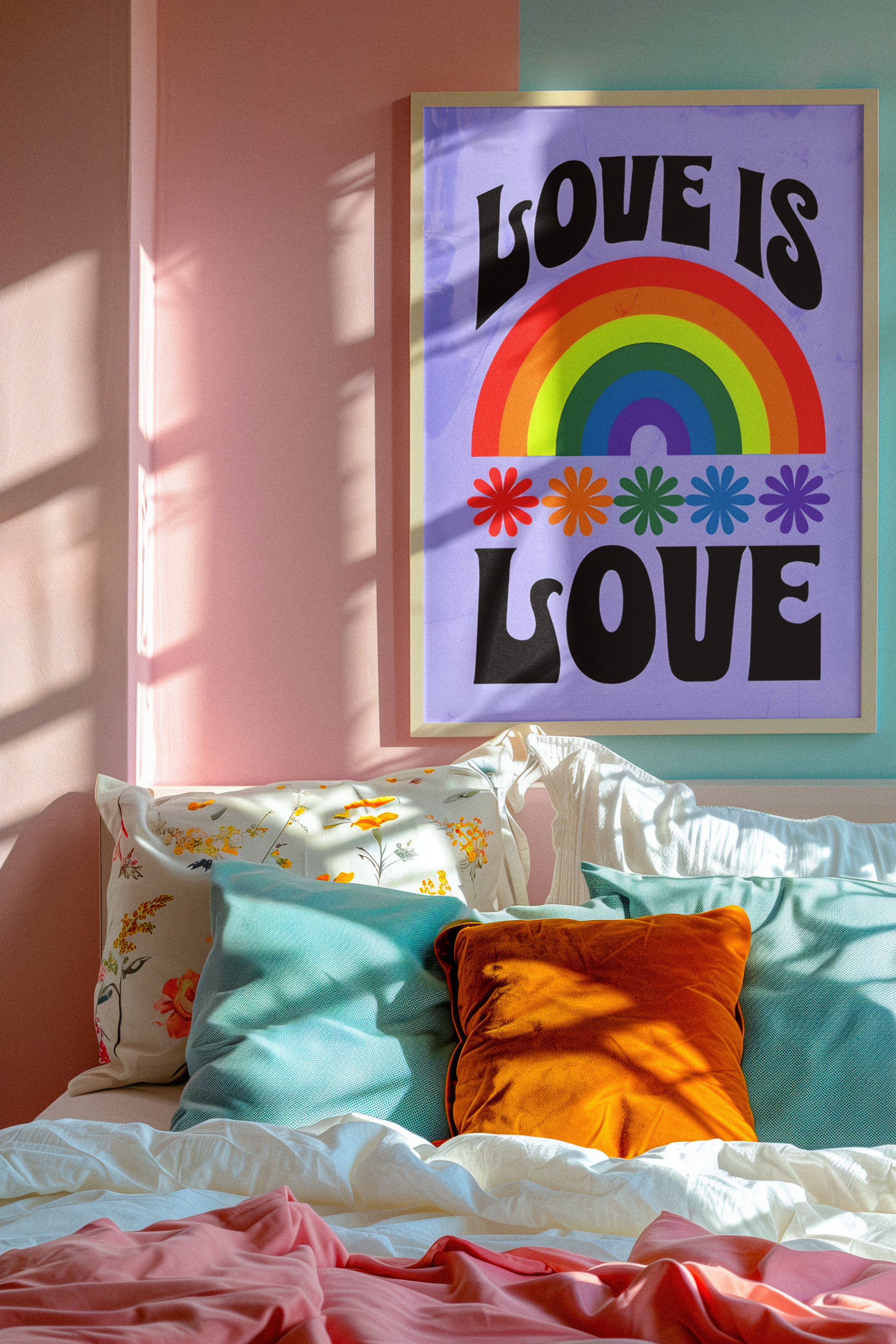 Bedroom with colorful pillows and a 'Love is Love' rainbow poster on the wall.