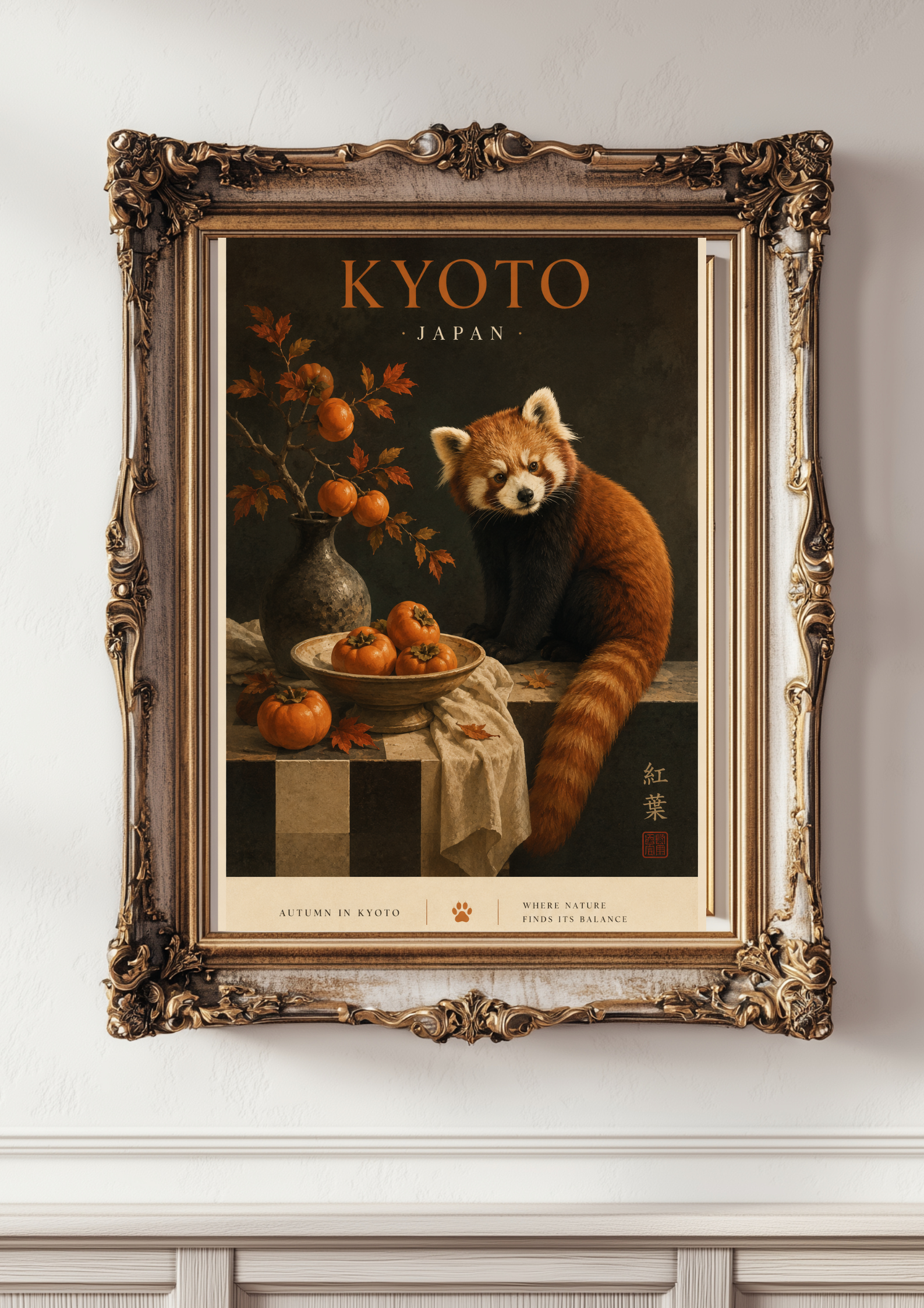 Framed artwork of a red panda in a still life setting with 'Kyoto' text