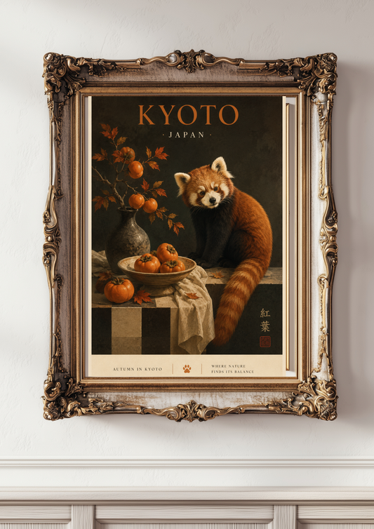 Framed artwork of a red panda in a still life setting with 'Kyoto' text