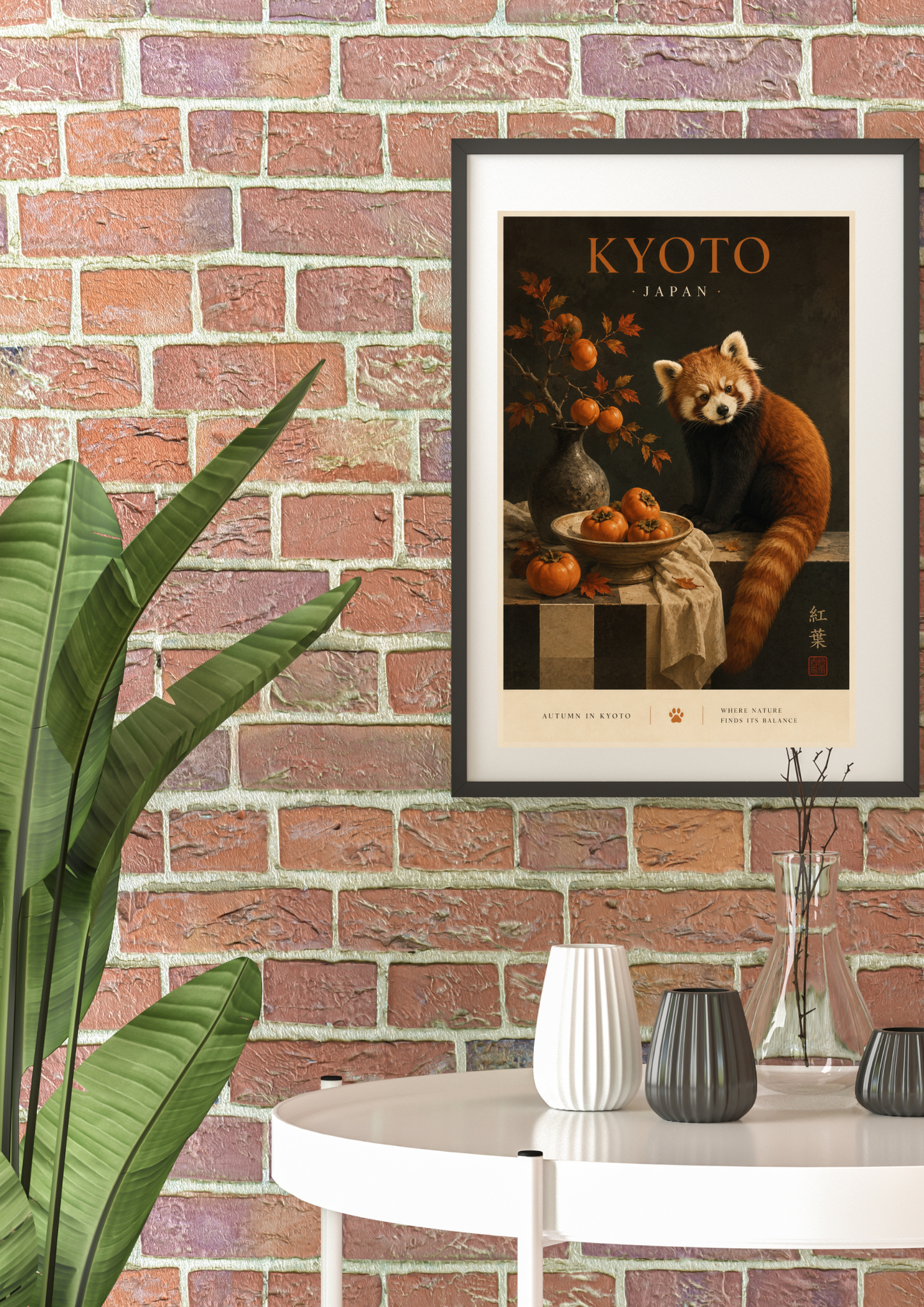 Framed artwork of a red panda in Kyoto, Japan, on a brick wall with decorative items below.