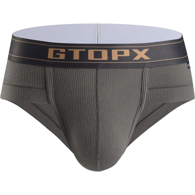 Gray men's underwear with a black waistband featuring 'GTOPX' on a white background