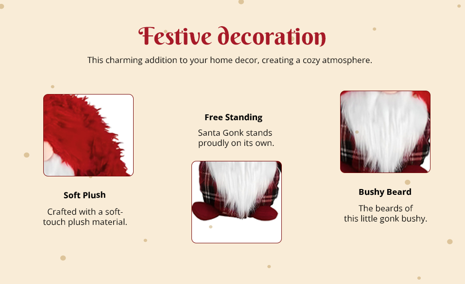 Festive decoration product description with images and text on a beige background