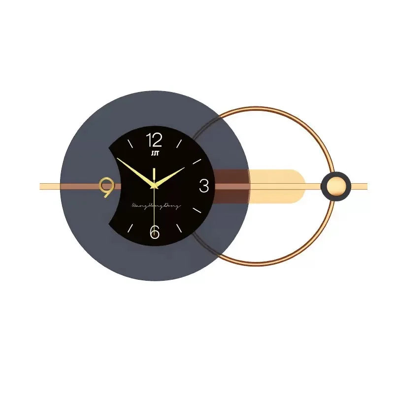 Modern wall clock with black face and gold accents on a white background