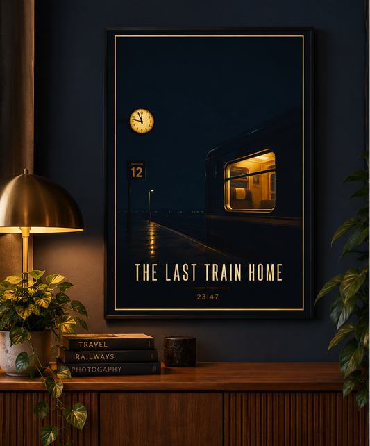 A framed travel poster hanging on a dark navy wall above a wooden console table. The poster features a nighttime train scene with a glowing window, a clock, and the text 'THE LAST TRAIN HOME' in cream lettering.