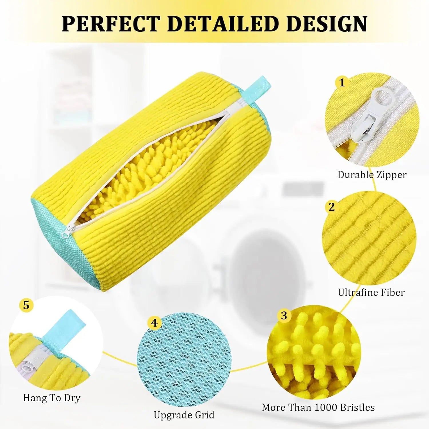 Yellow cleaning brush with detailed features highlighted on a white background