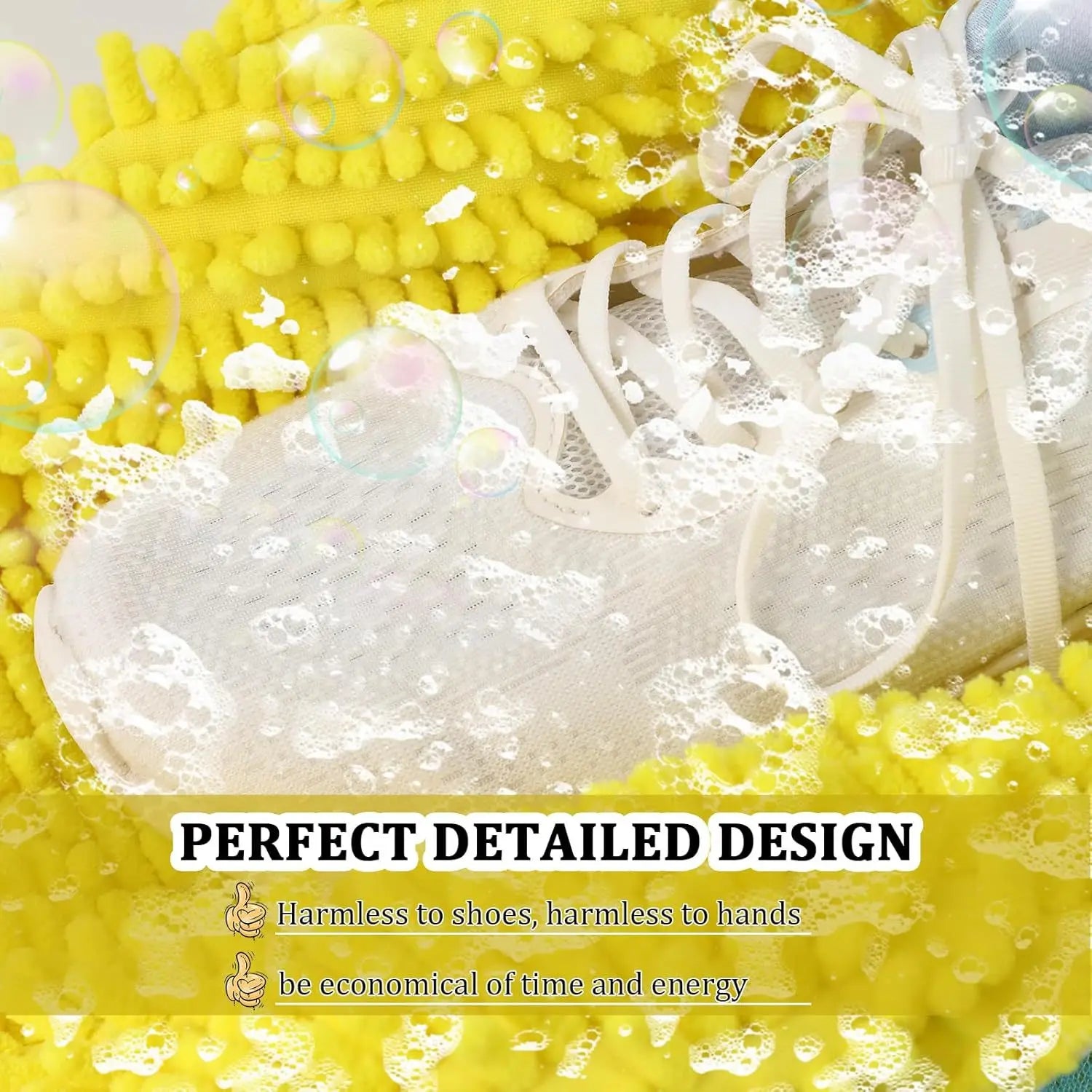 White sneaker with yellow scrubber and bubbles, labeled 'Perfect Detailed Design'.