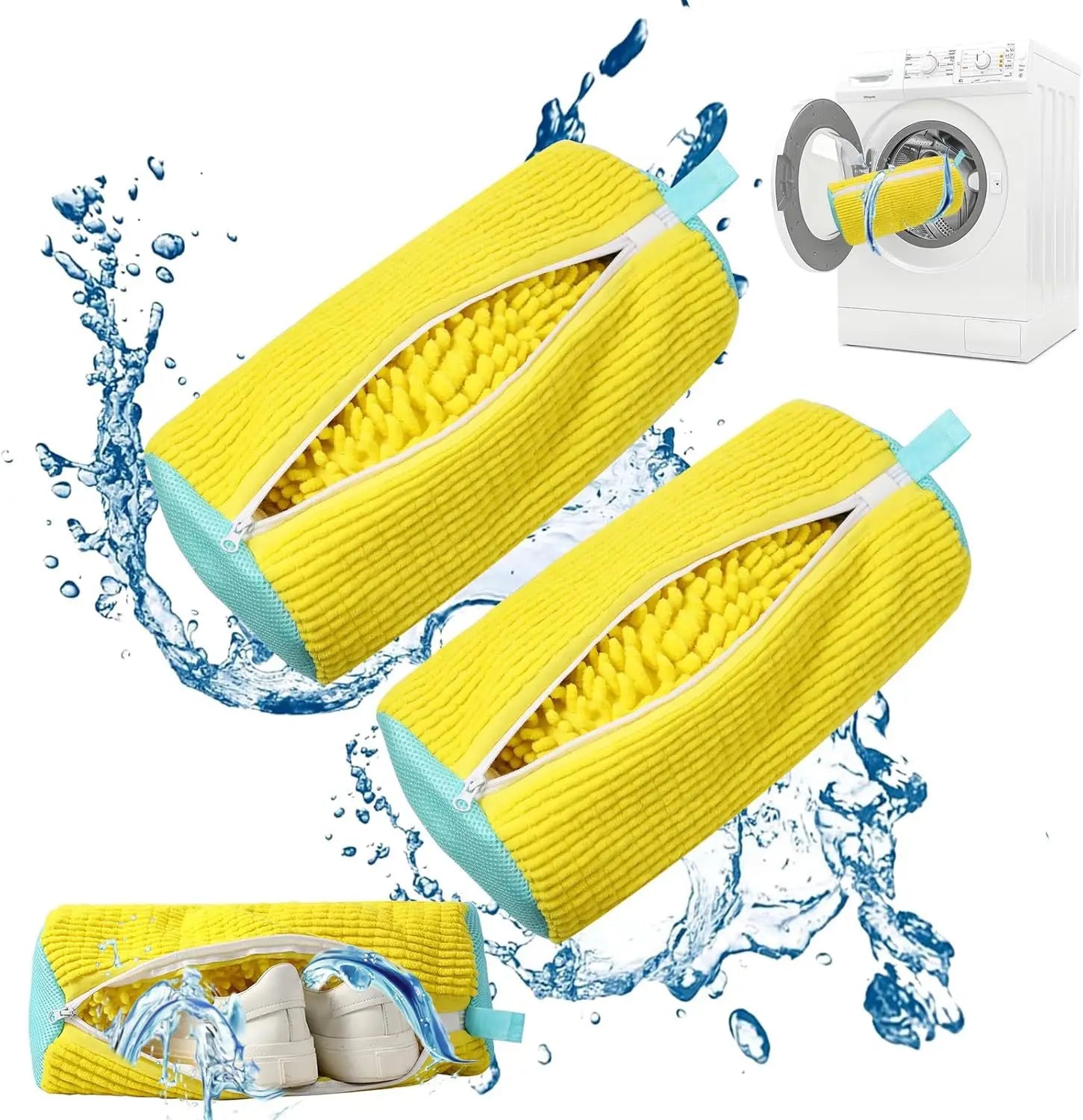 Two yellow cleaning sponges with blue handles on a white background with water splashes and a washing machine.