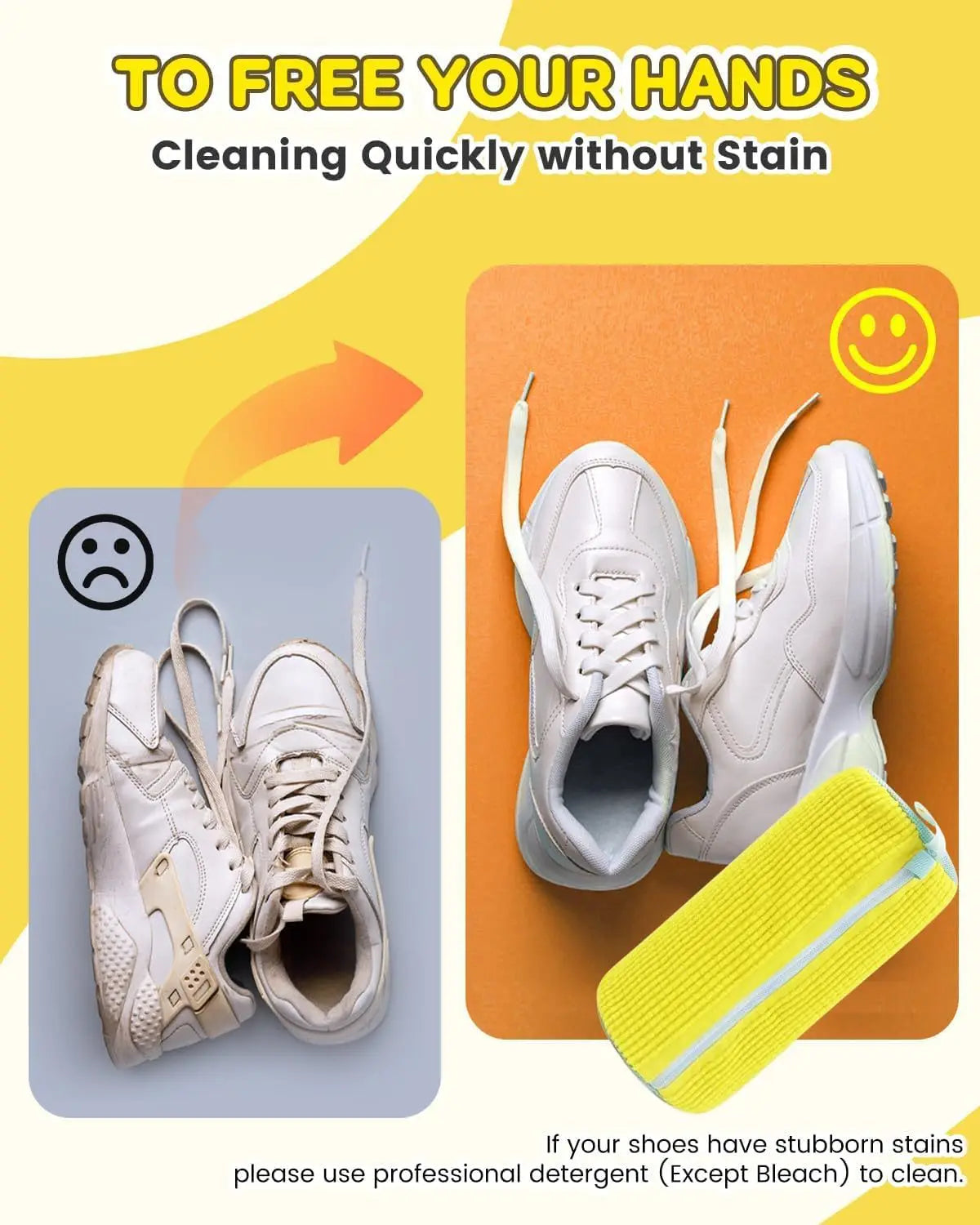 Cleaning product for white shoes with a before and after comparison on a yellow and orange background.