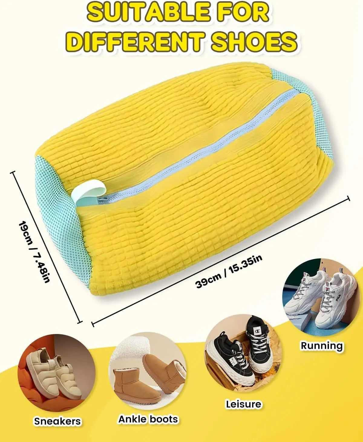 Yellow shoe insert with measurements and examples of use on a white background