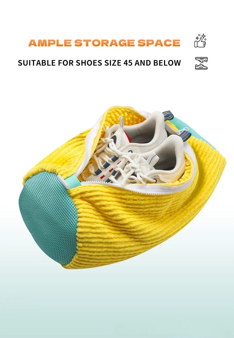Yellow shoe storage bag with a sneaker inside on a light blue background, featuring text about storage capacity.