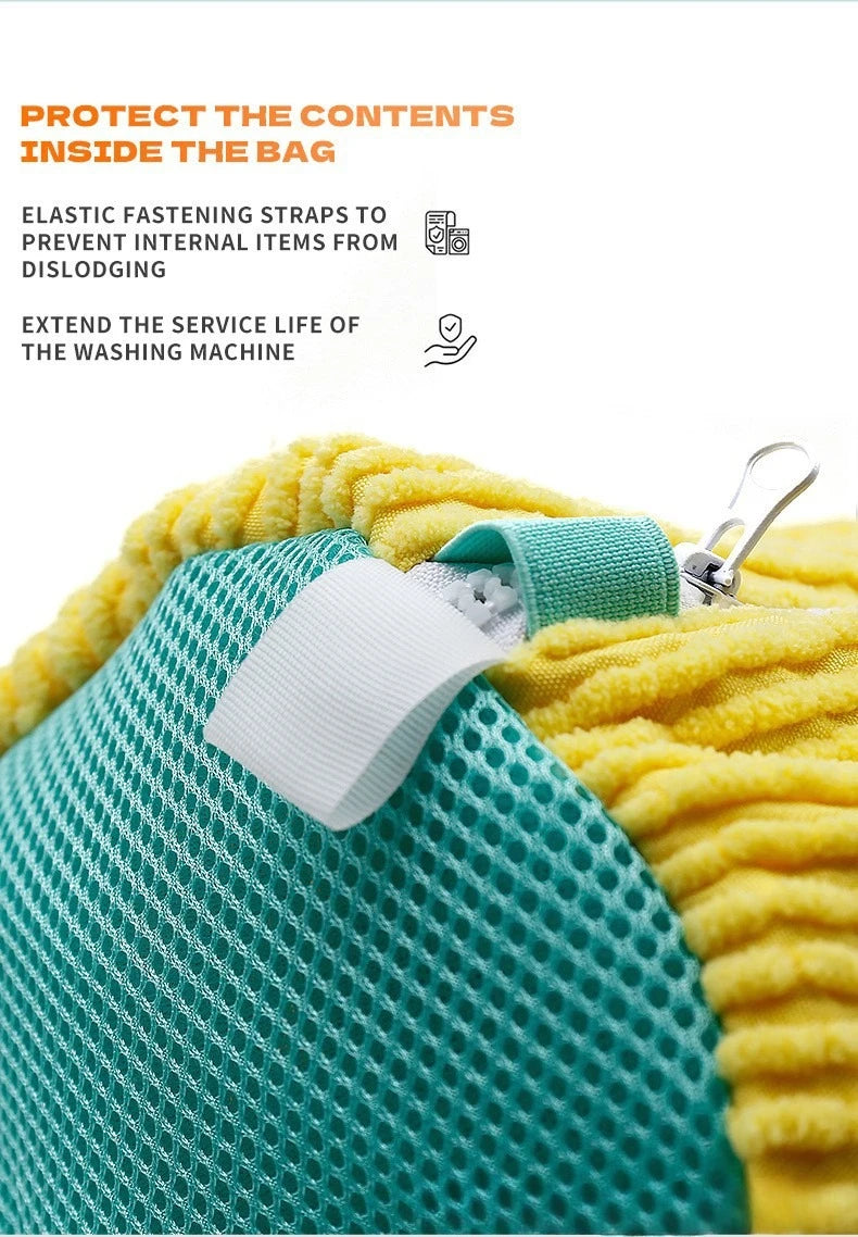 Green mesh bag with yellow fabric, elastic fastening straps, and text about bag features.