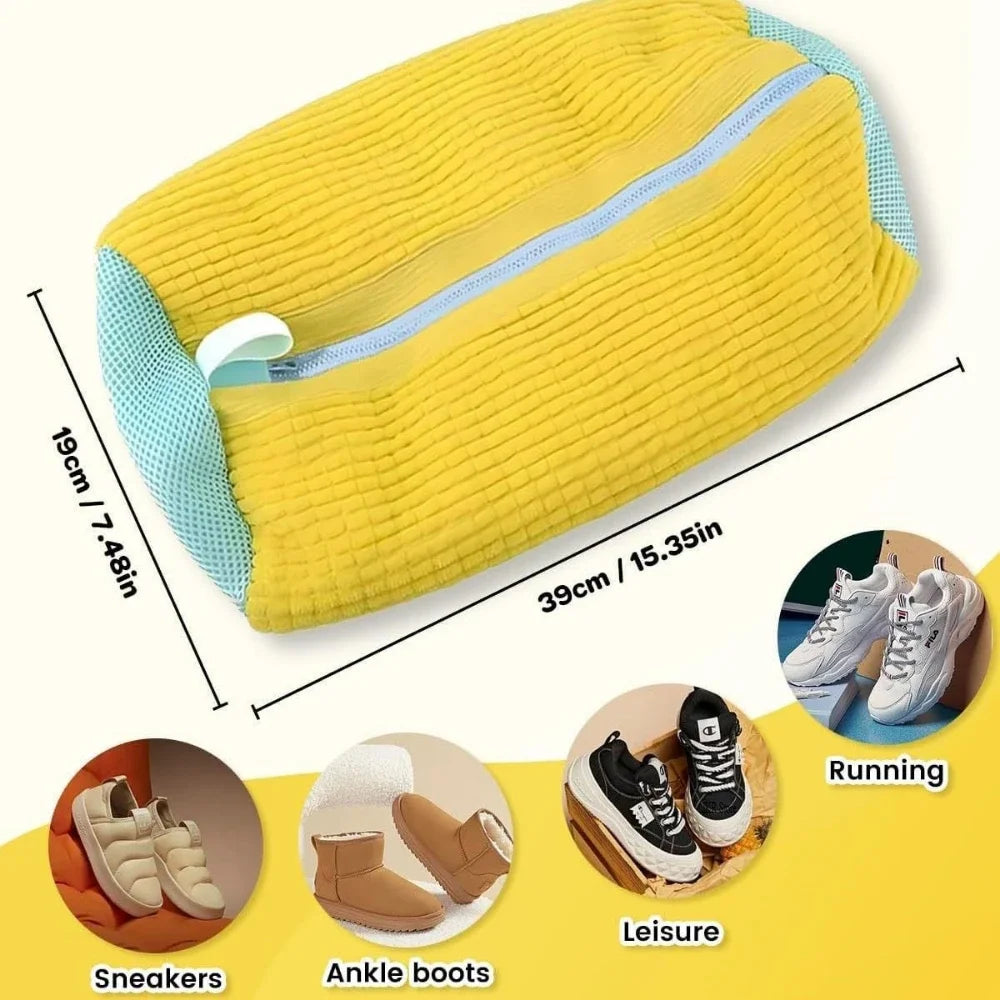 Yellow and blue shoe stretcher with measurements and examples of use on a yellow background