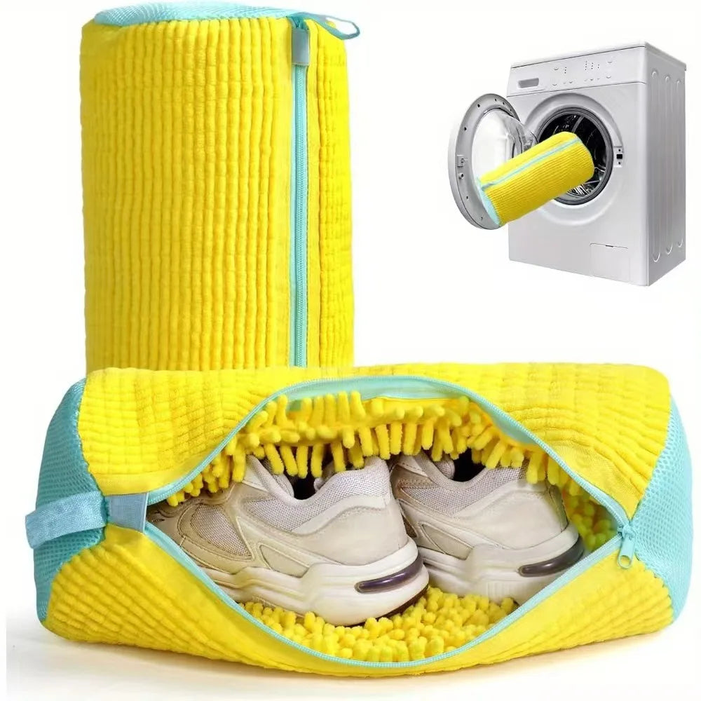 Yellow shoe storage bag with a white background