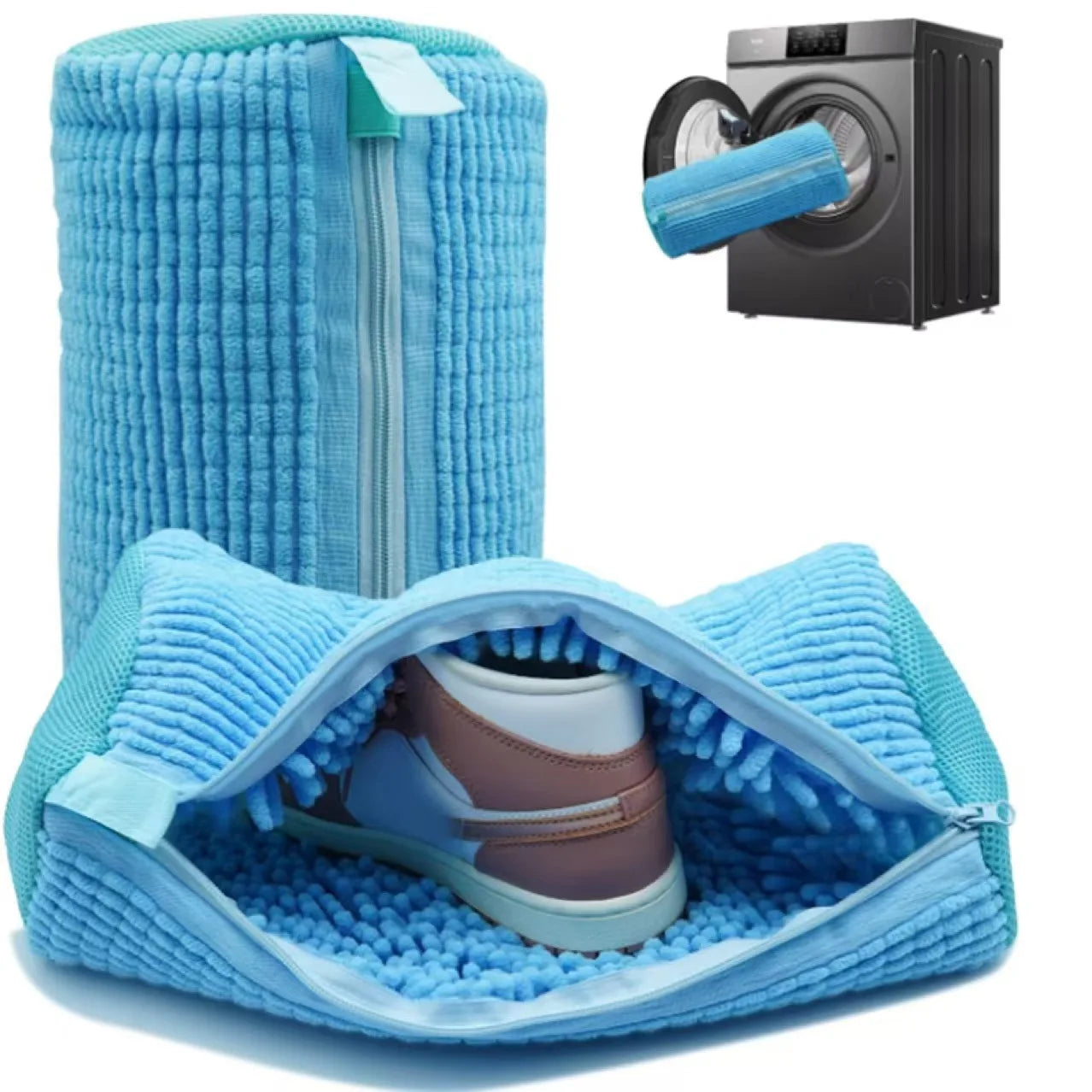 Blue shoe cleaning mat with a shoe inside, next to a washing machine illustration.