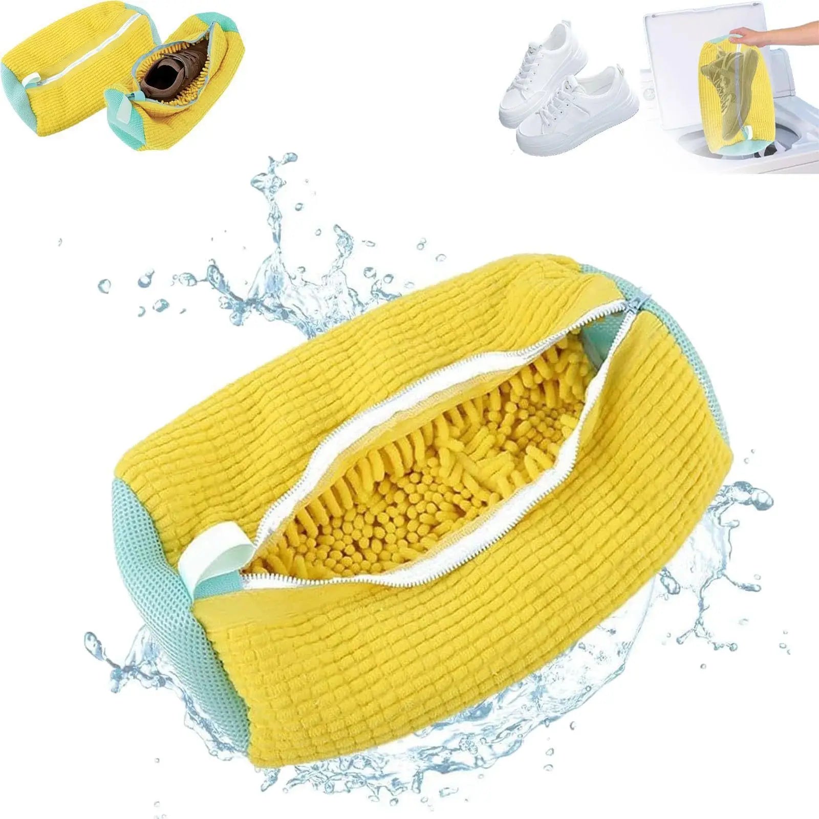 Yellow shoe cleaning brush with water splashes on a white background