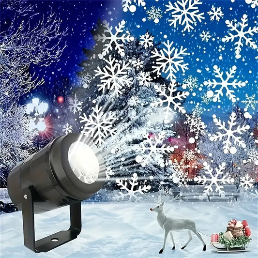 Snowflake projector emitting snowflakes onto a snowy landscape with a deer and gift box.