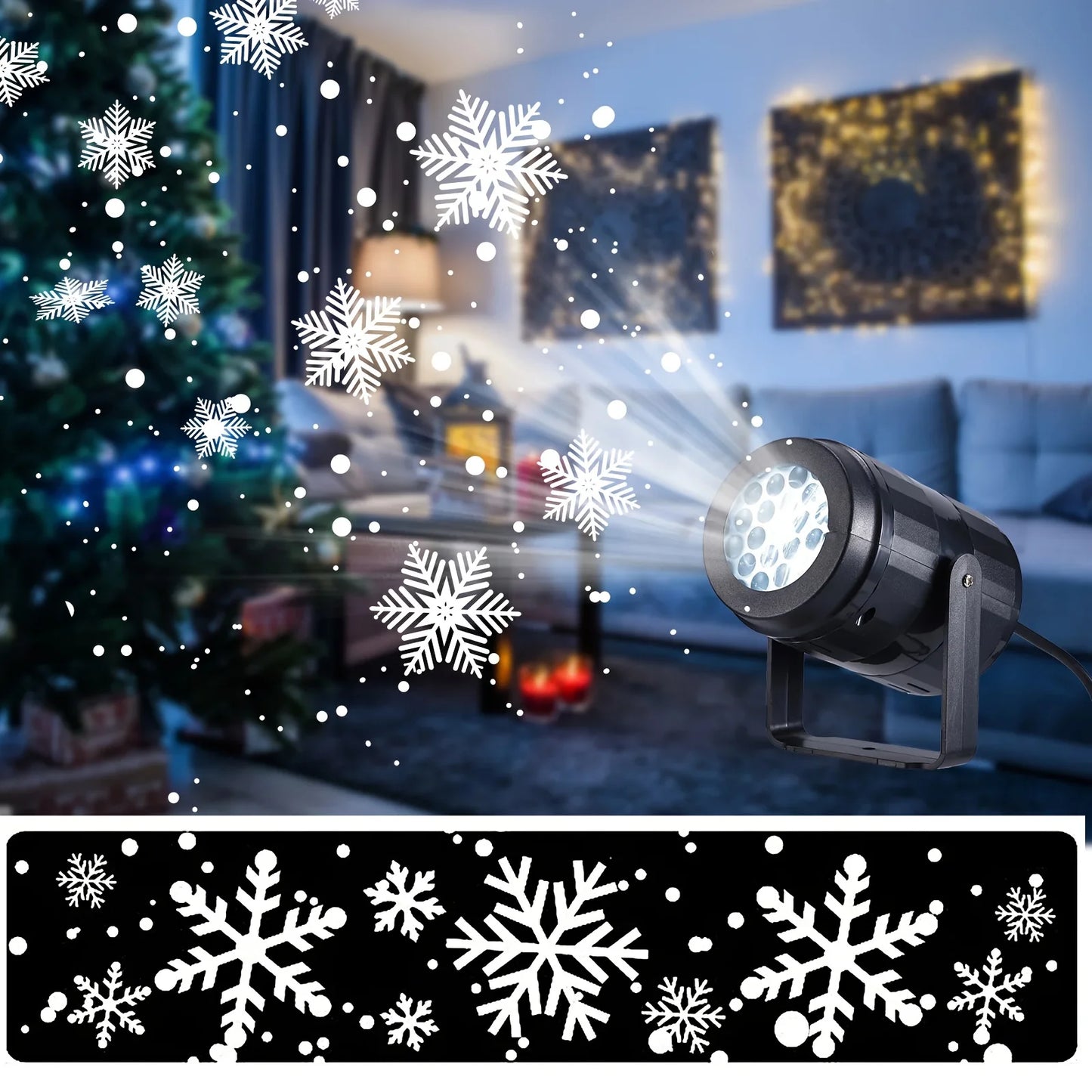 Snowflake projector in a living room with Christmas tree and decorations.