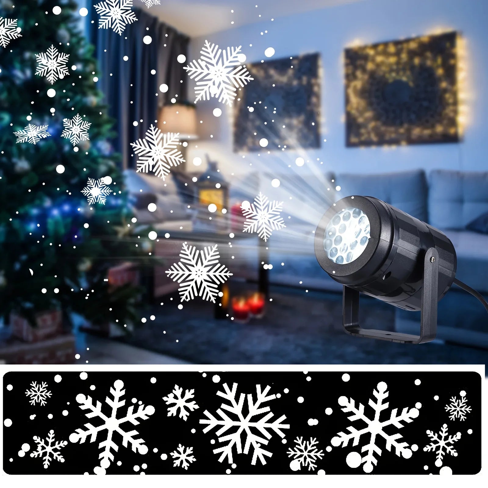 Snowflake projector in a living room with Christmas tree and decorations.