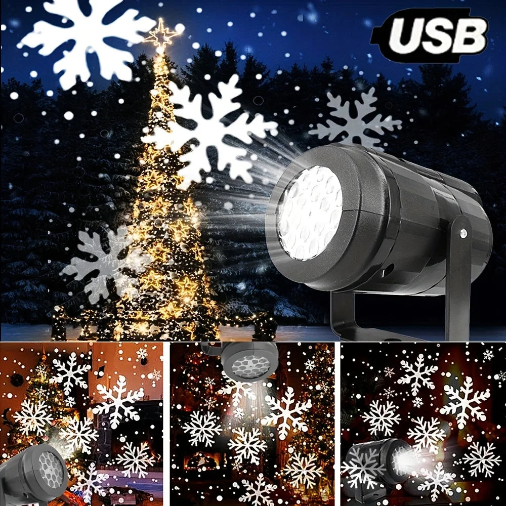 USB-powered snowflake projector with Christmas tree and snowy landscape background