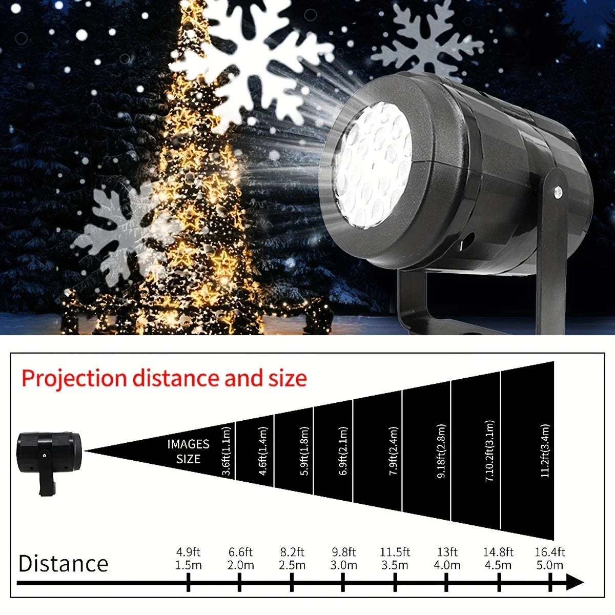 Outdoor light projector with snowflake projection effect on a Christmas tree, showing projection distance and size chart.