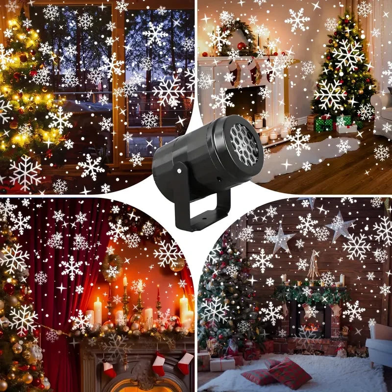 Snowflake projector with various indoor settings including Christmas trees and candles.