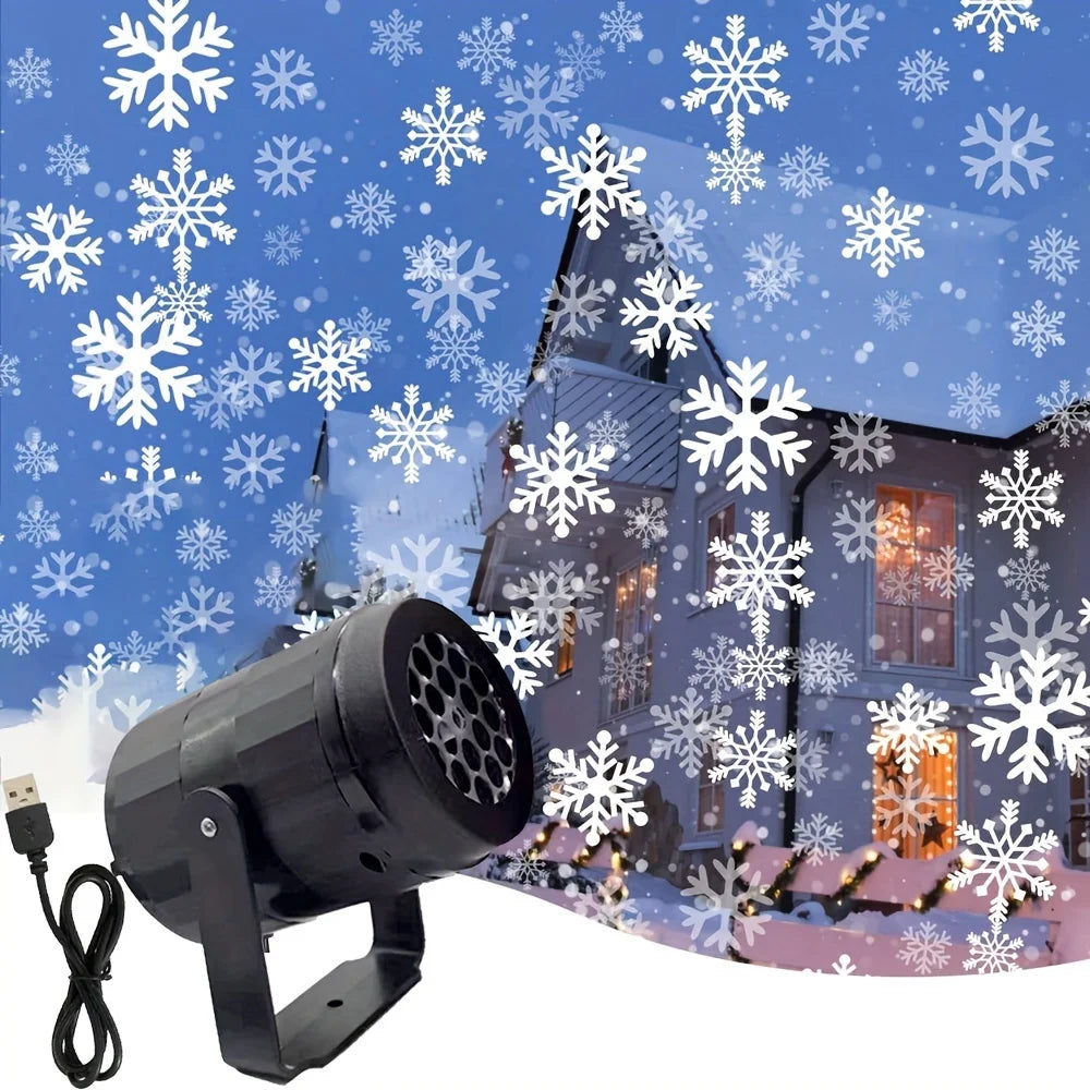 Black snowflake projector with a building and snowflakes in the background