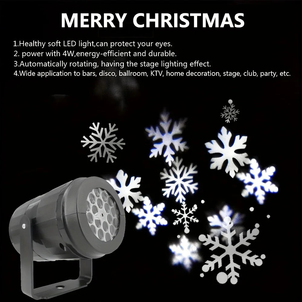 LED snowflake projector with text on a black background